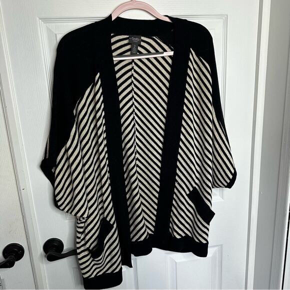 Chicos 2 Travelers Cardigan large Black Gold Stripe Knit Jacket Dolman Sleeve - Picture 2 of 10